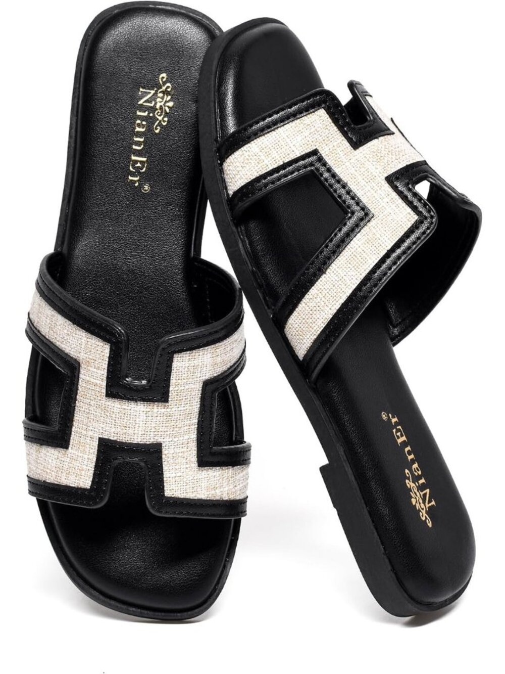 NianEr Women's Black Leather Comfortable Casual Summer Flats Sandals Shoes